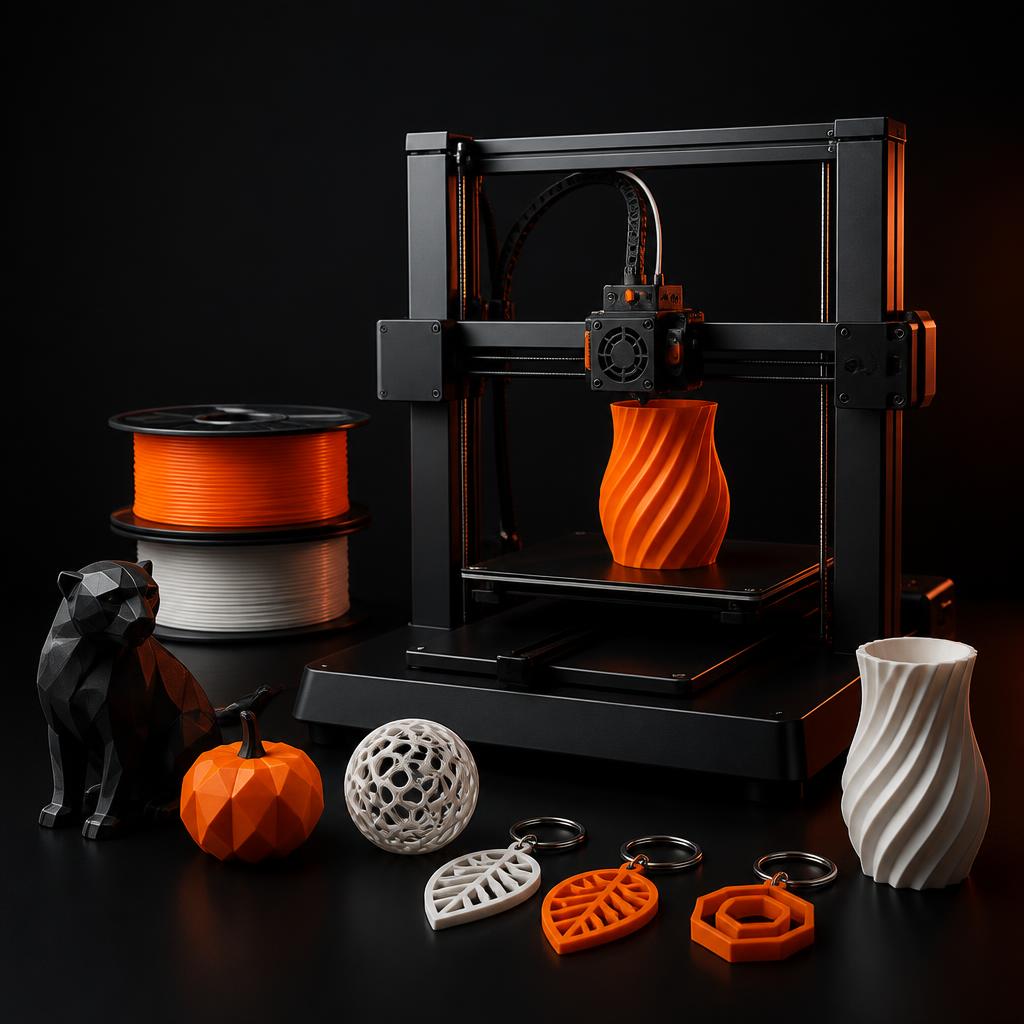 Impressora 3D imprimindo uma peça ao lado de filamentos e produtos finalizados